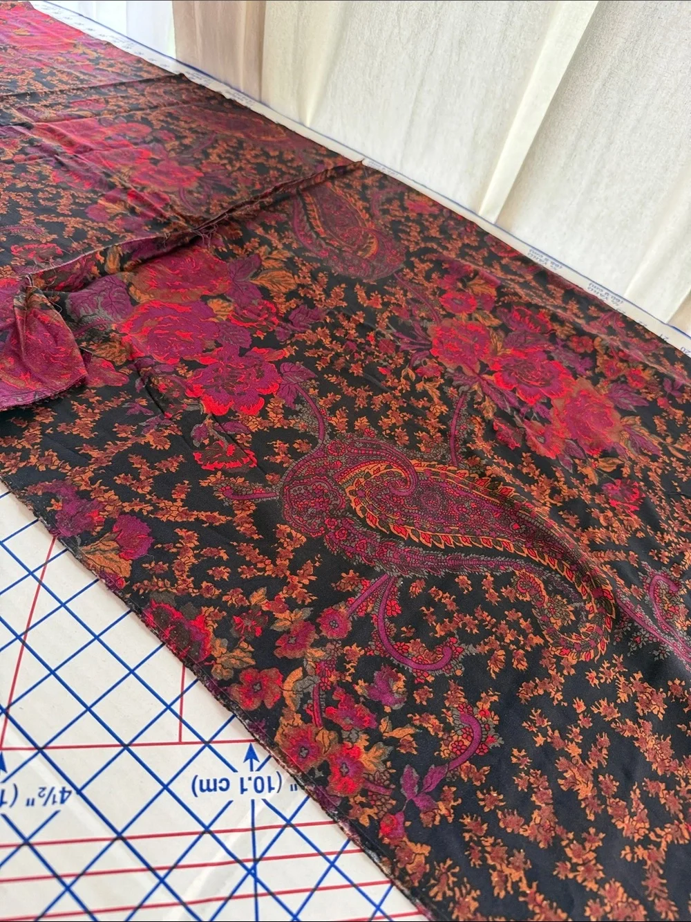 Vintage 1970s Paisley Floral Fabric Black Burgundy Rust Boho 3 Yards x 44”